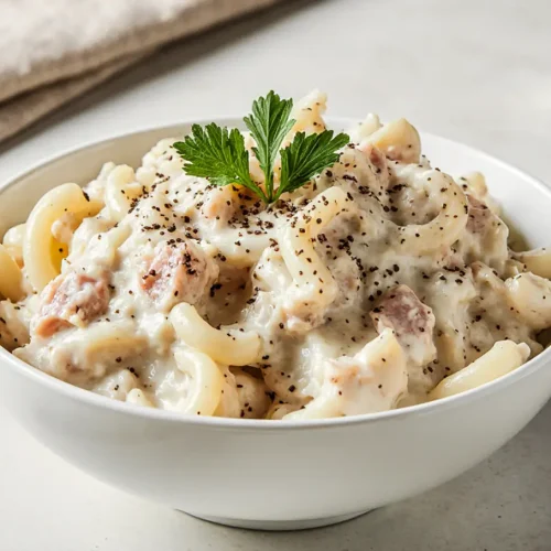 Bowl of creamy tuna macaroni salad with mayo, topped with herbs and vegetables