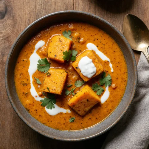 Pumpkin curry with white fish served in a vibrant bowl garnished with cilantro.
