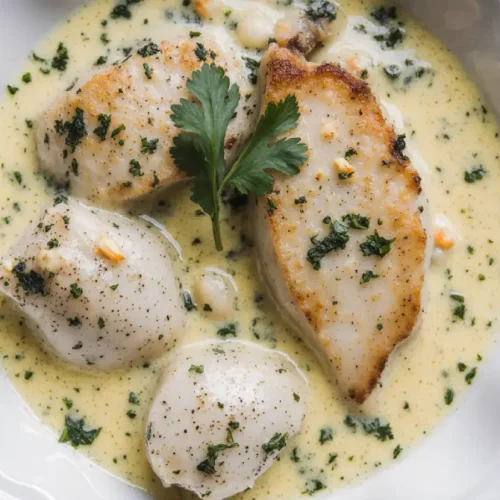 Close-up of easy grilled halibut cilantro garlic butter with fresh cilantro garnish