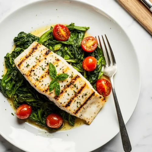 Healthy grilled cod spinach tomatoes cooked to perfection