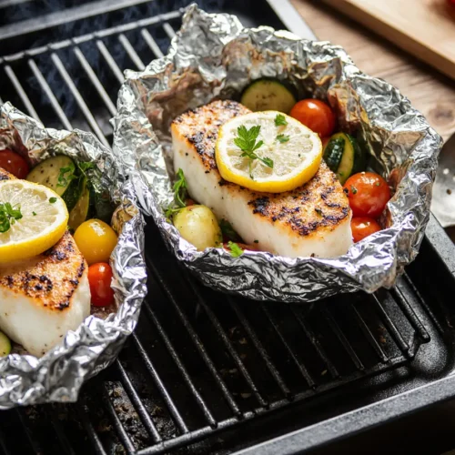 Grilled halibut foil packs with vegetables on a BBQ grill