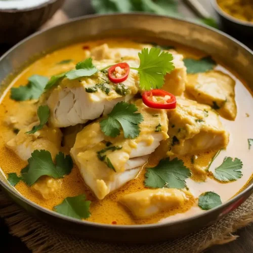 Creamy haddock curry with coconut milk and fresh coriander, garnished with red chili slices and lime wedges in a rustic bowl on a wooden table.