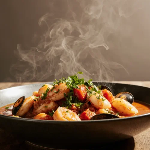 Healthy Cioppino homemade cioppino seafood stew served in a bowl with fresh seafood and tomato broth.