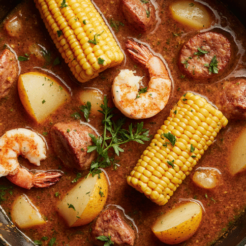 Lowcountry boil Frogmore stew served in a large pot with fresh seafood and vegetables.