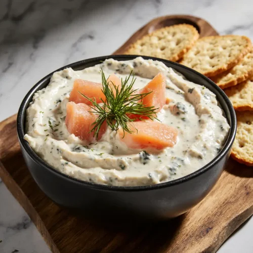 Hot smoked salmon dip recipe served in a bowl with creamy texture, zesty herbs, and fresh garnish