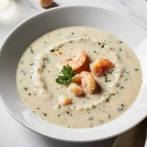 Healthy She-Crab Soup served in a bowl with fresh crab meat, light creamy broth, and herbs.