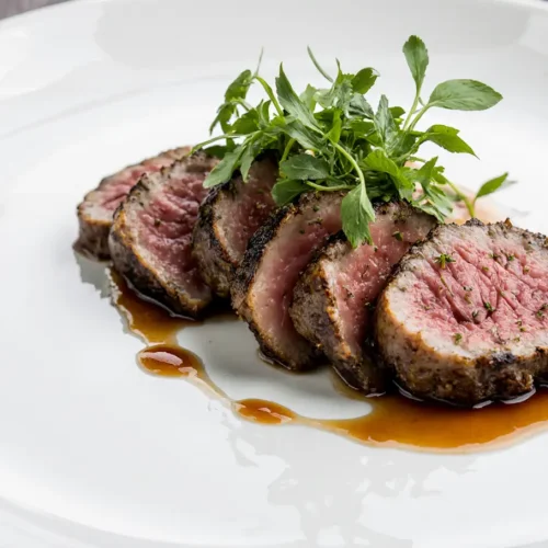 Perfectly seared ahi tuna steak on a plate, cooked in six minutes, healthy and flavorful seafood dish.