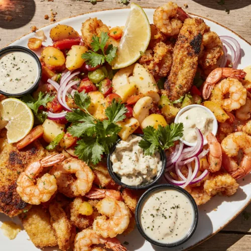 Golden fried seafood platter as part of authentic Peruvian jalea de mariscos with lime-marinated onion salad.