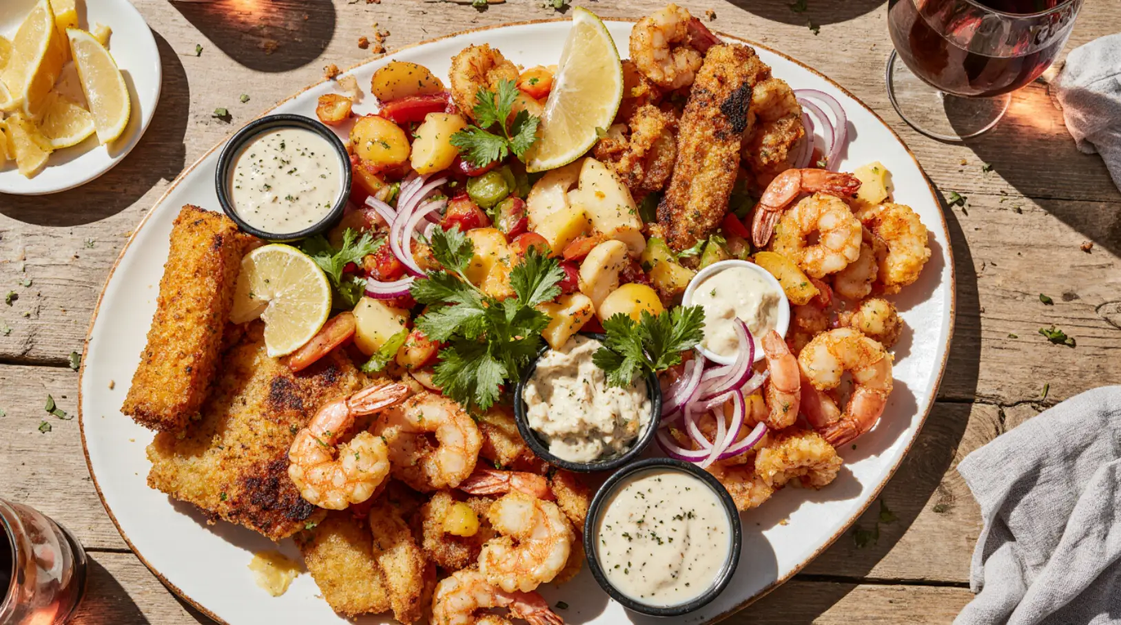 Golden fried seafood platter as part of authentic Peruvian jalea de mariscos with lime-marinated onion salad.