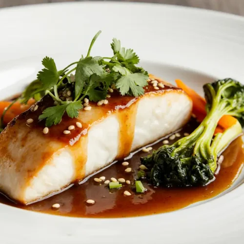 Quick caramel cod recipe served on a white plate with fresh herbs and sautéed vegetables