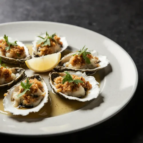Rockin’ Oysters Rockefeller served on a gourmet plate with melted cheese, spinach, and fresh herbs