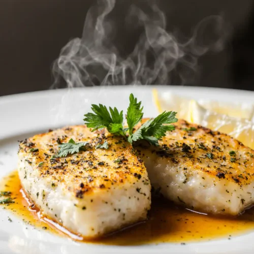 Crispy seasoned pan-fried cod fillet on a plate with fresh herbs and lemon.