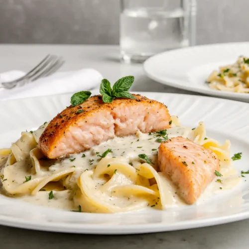 Bowl of creamy salmon pasta garnished with fresh herbs and lemon slices, perfect for a healthy seafood dinner.