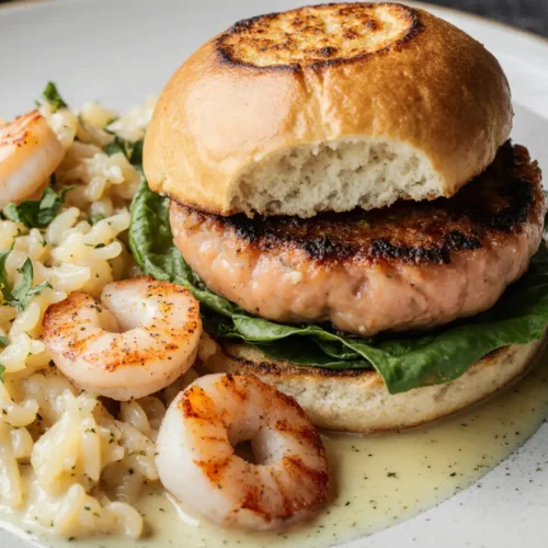 gourmet salmon smash burgers with crispy edges and fresh toppings.