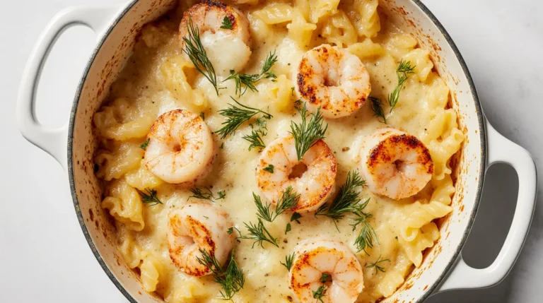 Healthy Seafood Gratin Pasta Bake fresh from the oven with golden cheesy topping