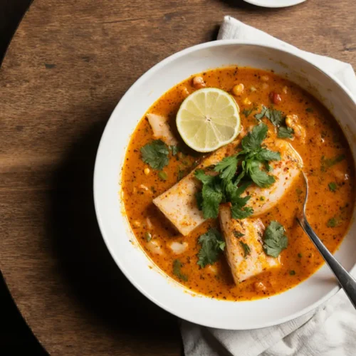 Healthy Tom Yam Pla: Thai Spicy & Sour Fish Soup served in a bowl.