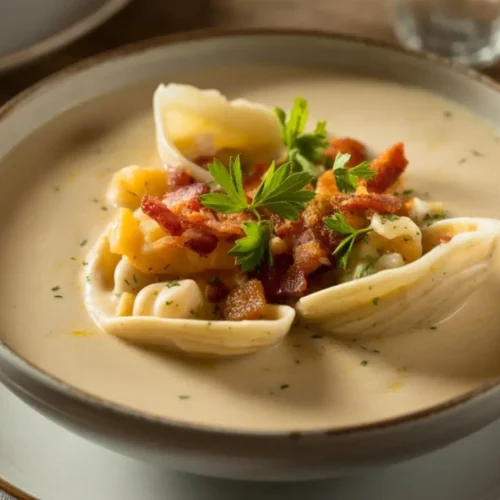 Creamy New England Clam Chowder in a bowl garnished with parsley and fresh clams.