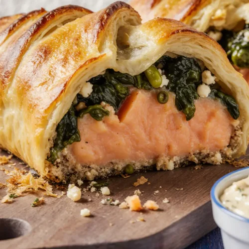 Puff Pastry Salmon Wellington on a serving plate.