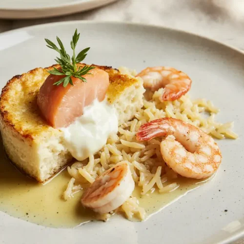 Smoked salmon quiche served with butter-poached shrimp and orzo pasta, styled as an elegant global seafood dish.