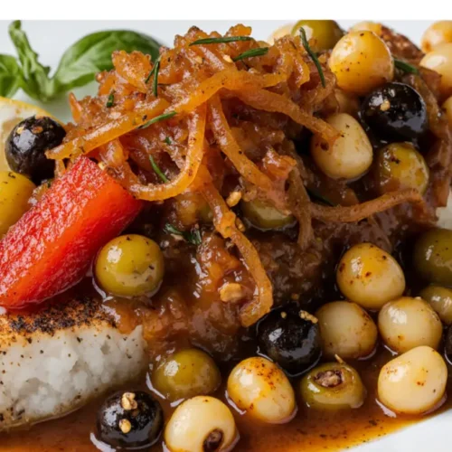 Swordfish sicilian style recipe cooked with tomatoes olives and capers.