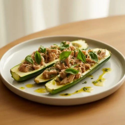 Golden baked Tuna-Stuffed Zucchini boats filled with savory tuna mixture and fresh herbs.