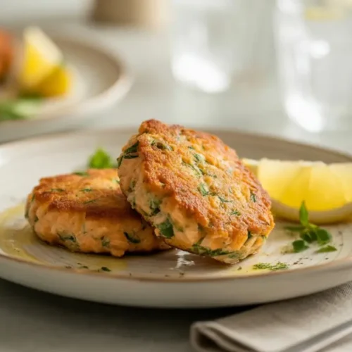 Golden, crispy layers of The Best Salmon Cakes served with lemon wedges and fresh herbs.
