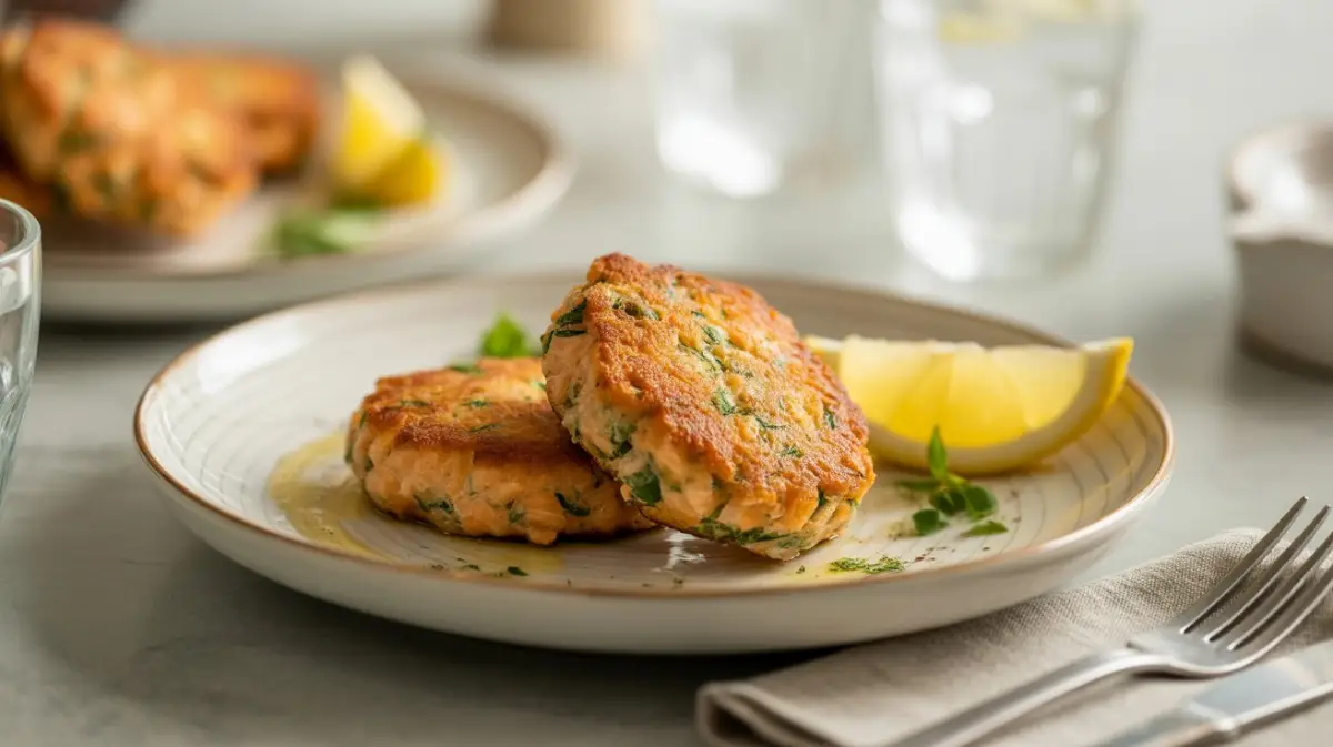 Golden, crispy layers of The Best Salmon Cakes served with lemon wedges and fresh herbs.