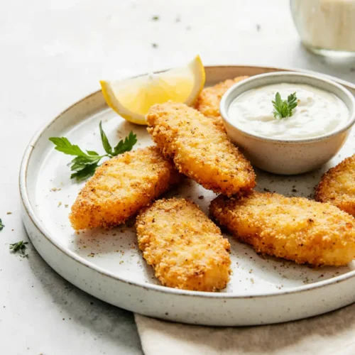 Crispy homemade Fish Fingers recipe served with dipping sauce