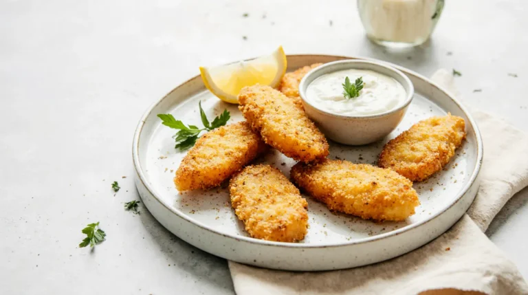 Crispy homemade Fish Fingers recipe served with dipping sauce