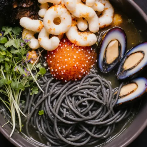 Gourmet Seafood Ramen: Squid Ink Mussels and Salmon Roe Perfection