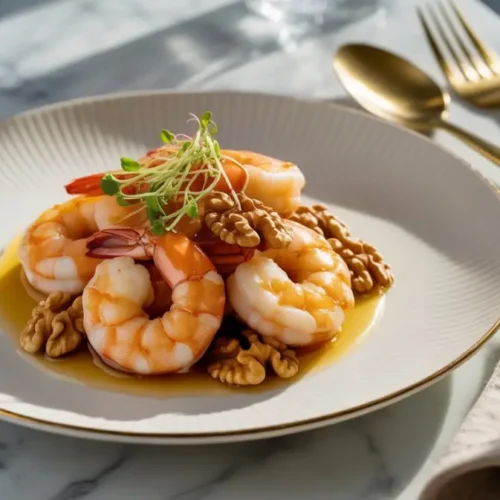 Close-up of homemade honey walnut shrimp recipe plated with sesame seeds and green onions.