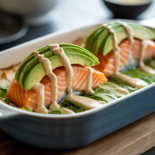 Delicious baked salmon sushi bake recipe topped with creamy spicy mayo and furikake, served with nori sheets for scooping.