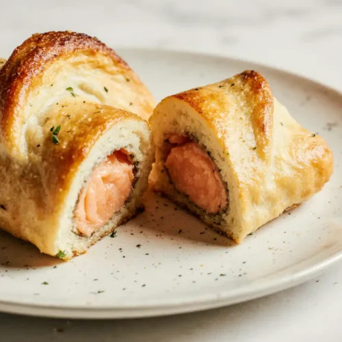 Baked Salmon in Puff Pastry served in a golden, flaky crust with Greek-inspired herbs