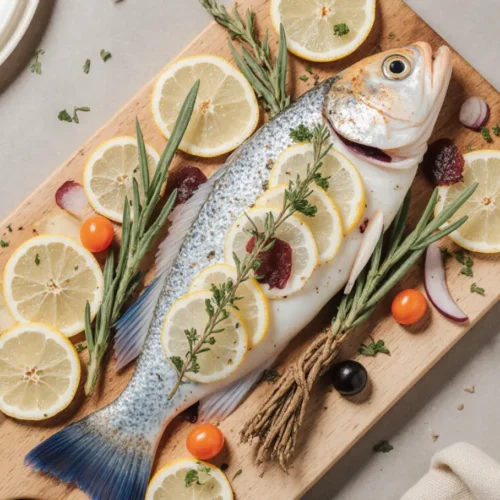 Branzino Mediterranean baked with lemon, olive oil, and fresh herbs on a platter