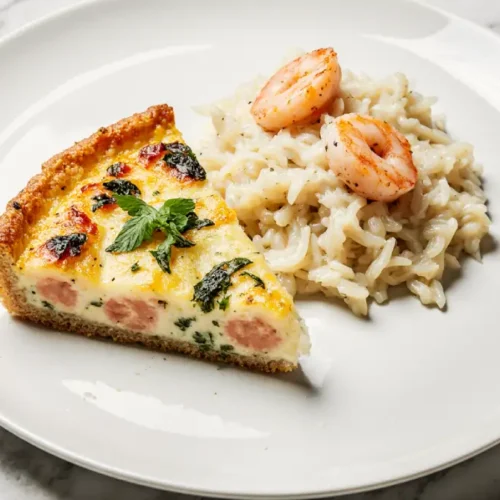 Salmon Quiche & Shrimp Orzo served on a plate, creamy shrimp orzo with tender shrimp, and a flaky salmon quiche slice garnished with fresh herbs