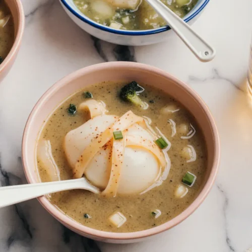 Homemade wonton soup served hot with pork wontons, green onions, and clear broth