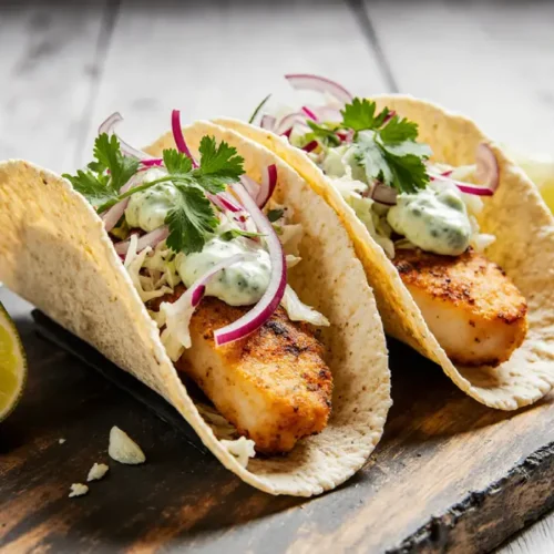Baja fish tacos recipe easy style with crispy battered fish, shredded cabbage, creamy sauce, and lime in warm corn tortillas.