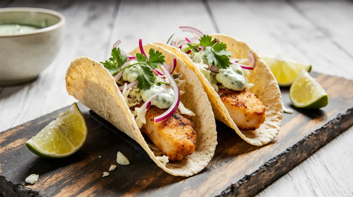 Baja fish tacos recipe easy style with crispy battered fish, shredded cabbage, creamy sauce, and lime in warm corn tortillas.