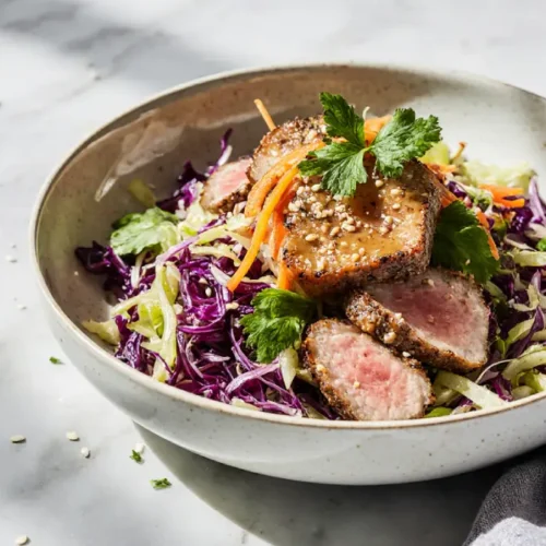 Crisp Tuna-Cabbage Salad with flaky tuna, shredded green and purple cabbage, carrots, and lemon dressing in a modern white bowl.