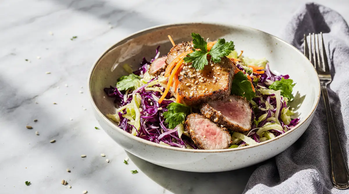 Crisp Tuna-Cabbage Salad with flaky tuna, shredded green and purple cabbage, carrots, and lemon dressing in a modern white bowl.
