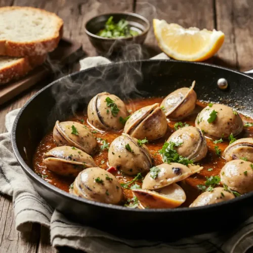 Garlic Clams cooked in butter and white wine sauce with fresh parsley and lemon wedges in a skillet.