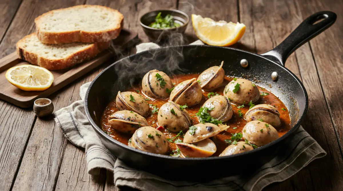 Garlic Clams cooked in butter and white wine sauce with fresh parsley and lemon wedges in a skillet.