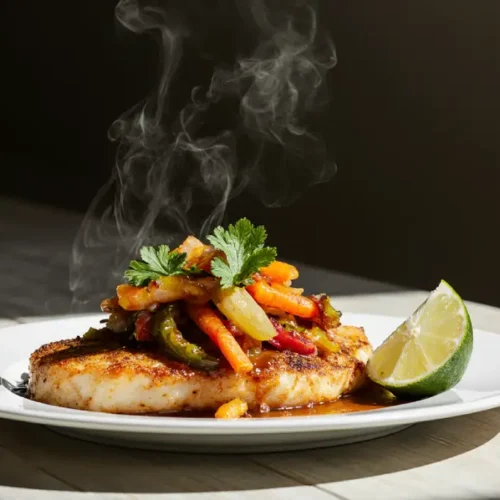 Jamaican Escovitch Fish with crispy fried fish topped with colorful pickled vegetables and spicy escovitch sauce on a plate.
