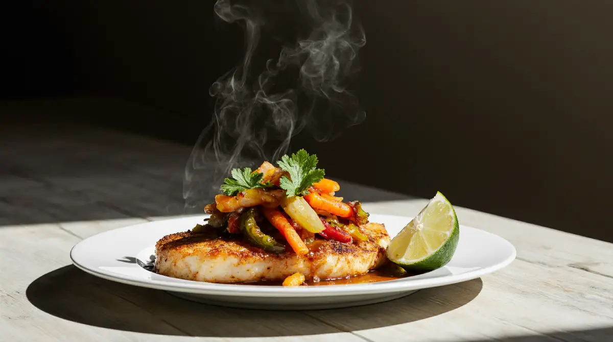 Jamaican Escovitch Fish with crispy fried fish topped with colorful pickled vegetables and spicy escovitch sauce on a plate.