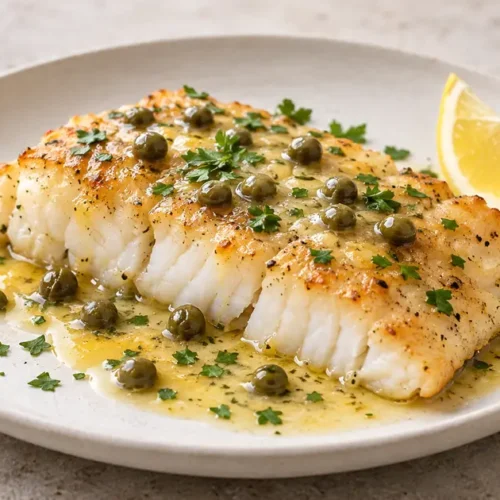 Pan-seared cod piccata with lemon-caper sauce and parsley