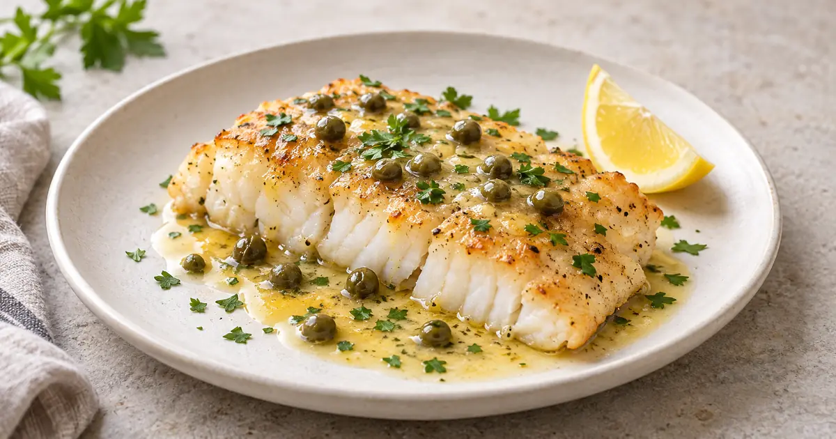 Pan-seared cod piccata with lemon-caper sauce and parsley