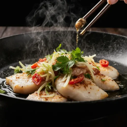 How to make Cantonese sizzling fish with tender white fish topped with ginger, scallions, and hot oil being poured over for a dramatic sizzle.