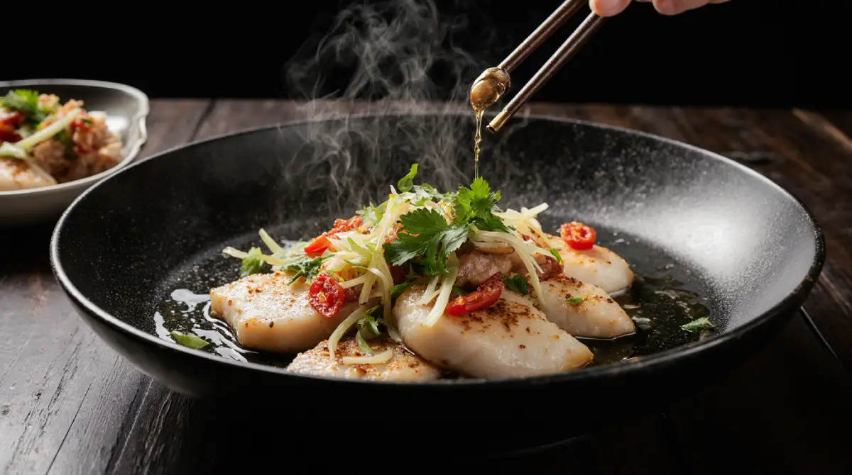 How to make Cantonese sizzling fish with tender white fish topped with ginger, scallions, and hot oil being poured over for a dramatic sizzle.