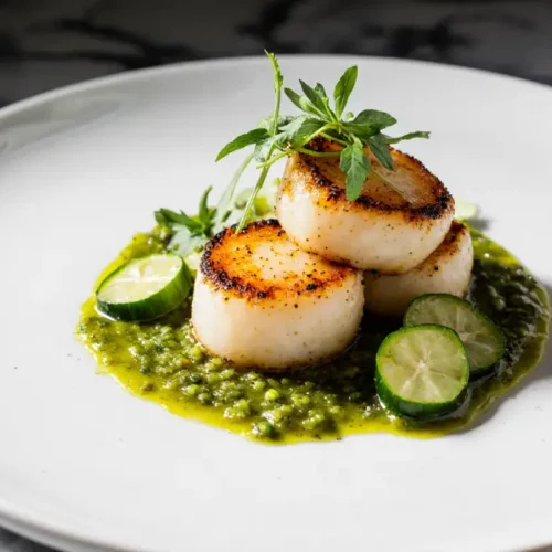 Seared scallops with jalapeño vinaigrette drizzled on top, served on a white plate with microgreens and fresh jalapeño slices.