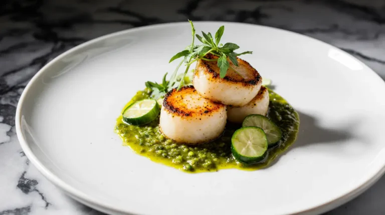 Seared scallops with jalapeño vinaigrette drizzled on top, served on a white plate with microgreens and fresh jalapeño slices.